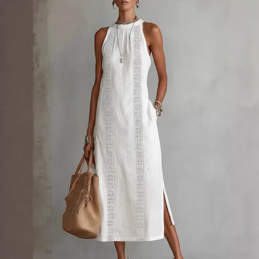 Womens Halter Neck Lace Patchwork Sleeveless Dress