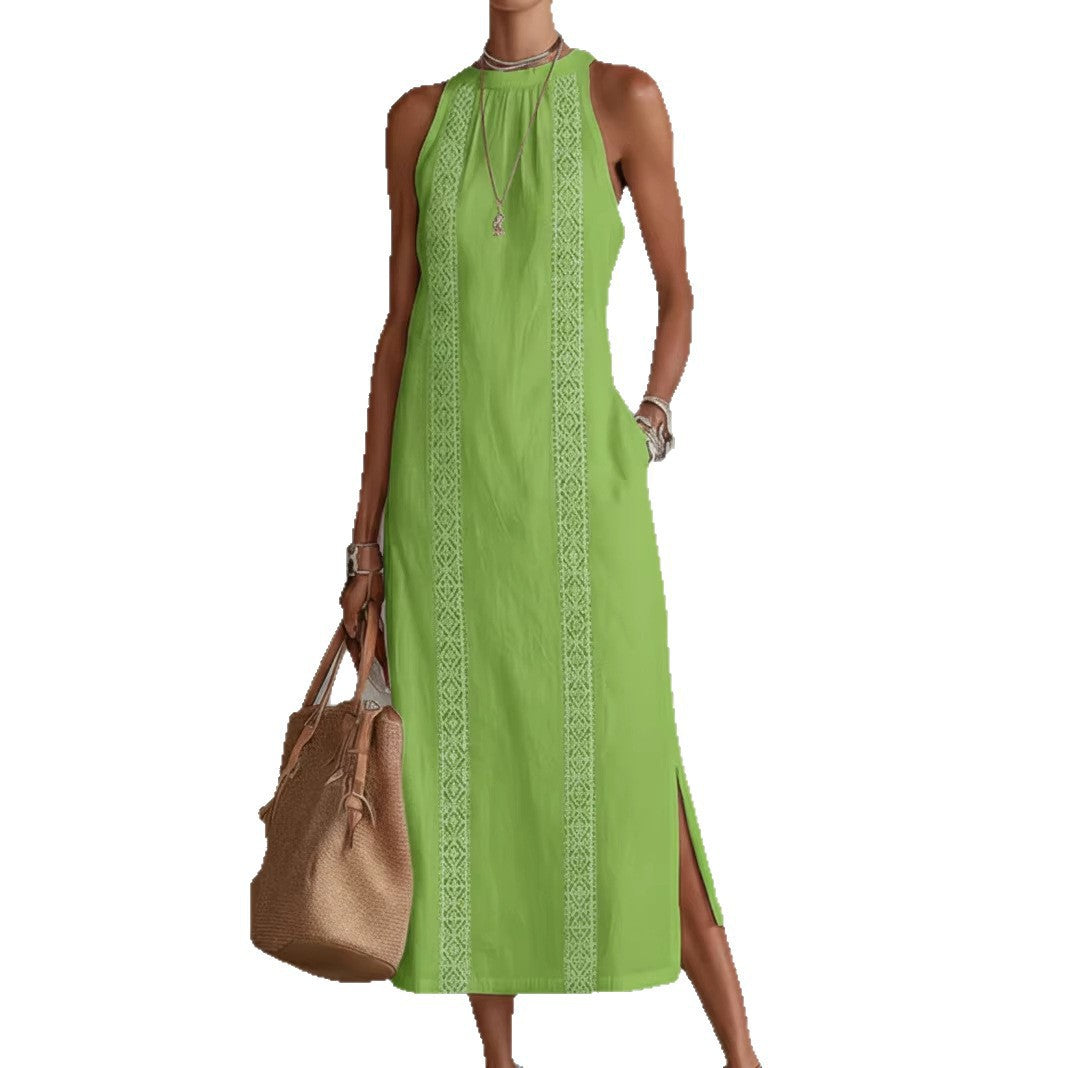 Womens Halter Neck Lace Patchwork Sleeveless Dress