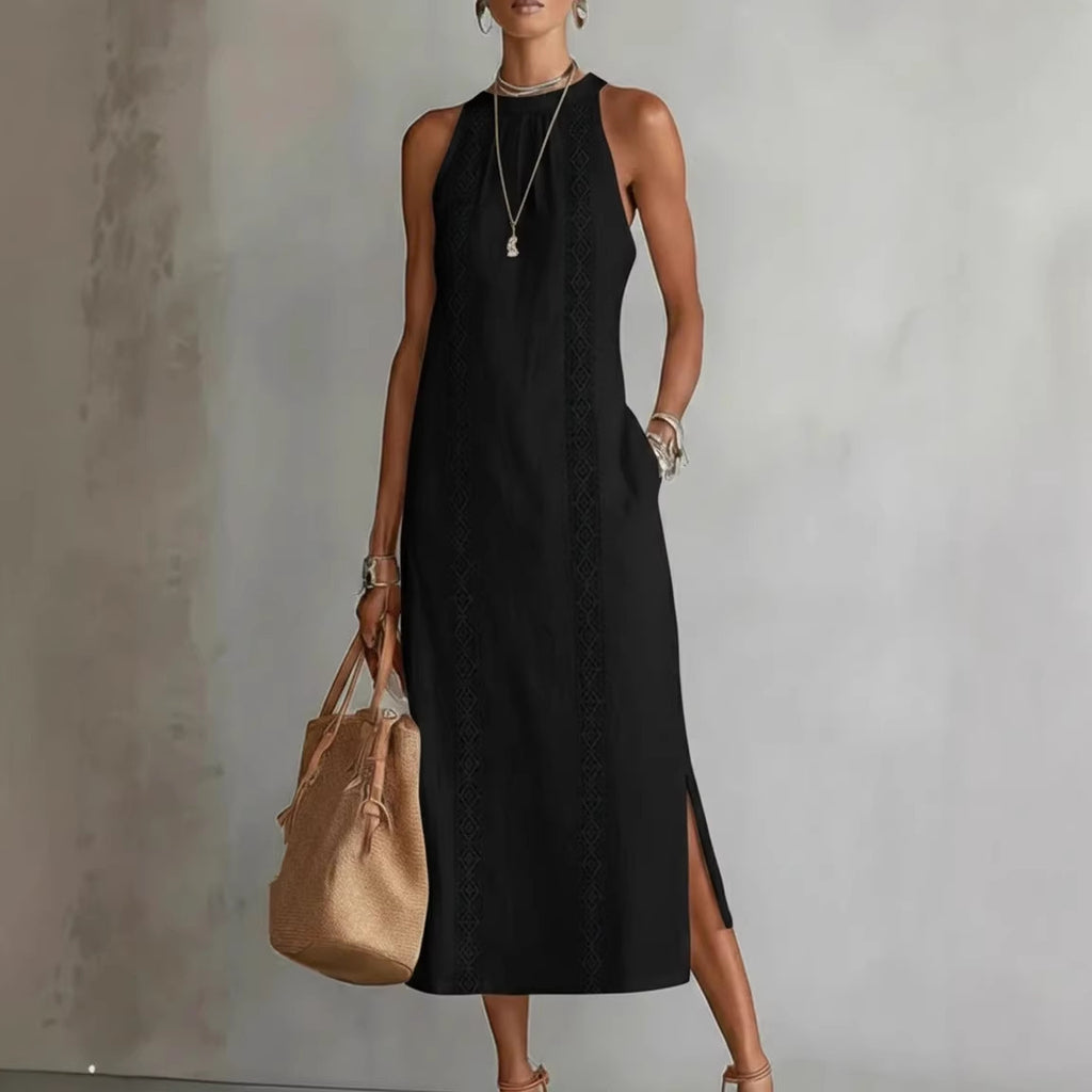 Womens Halter Neck Lace Patchwork Sleeveless Dress