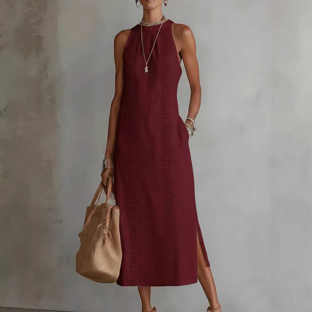 Womens Halter Neck Lace Patchwork Sleeveless Dress