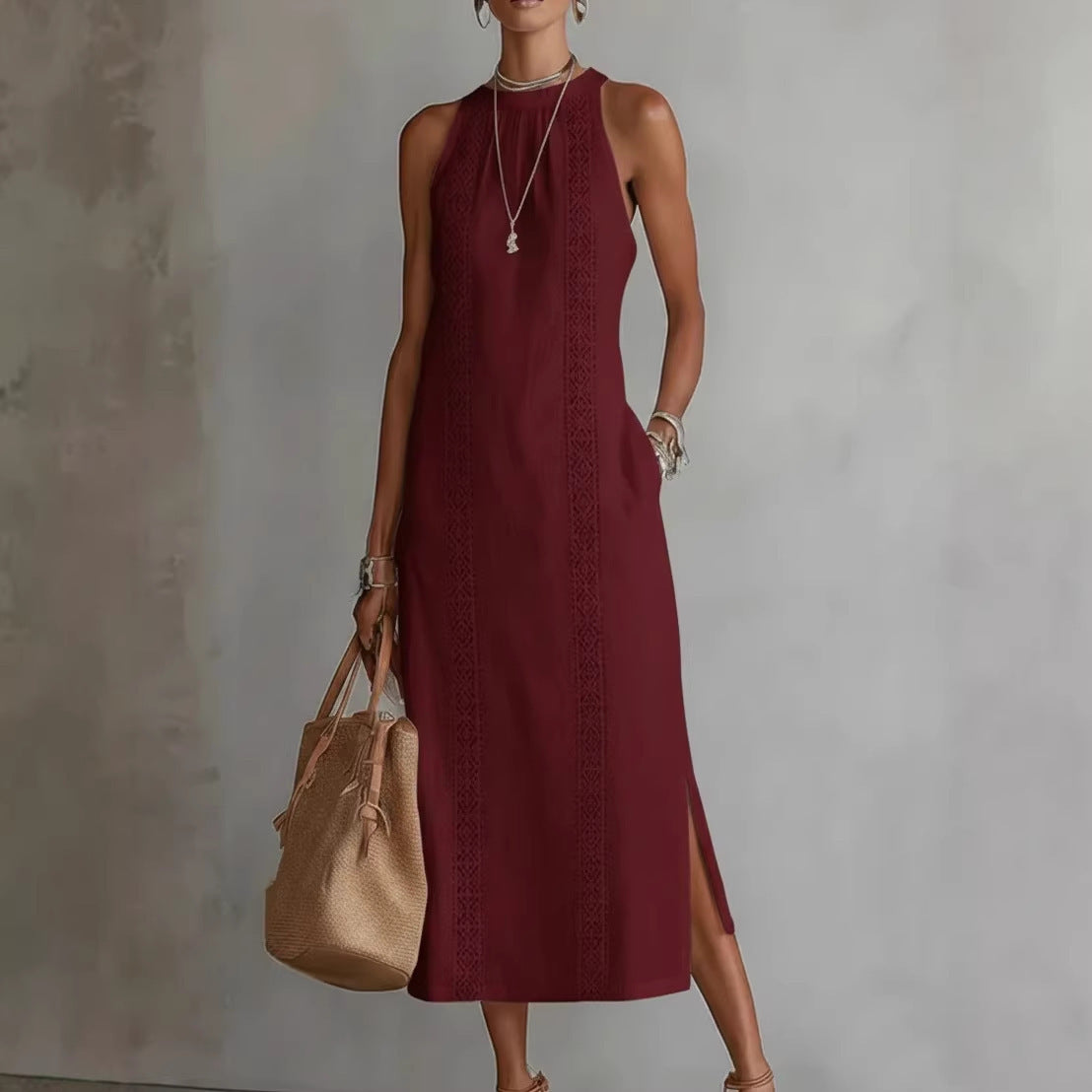 Womens Halter Neck Lace Patchwork Sleeveless Dress